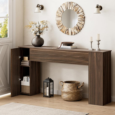 FABATO 61  Fluted Long Console Table with 2 Hidden Storage Cabinets, Walnut | Wo