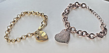 Two Chain Heart Charm Bracelets With Rhinestones. Puffy Heart Rose Color Signed