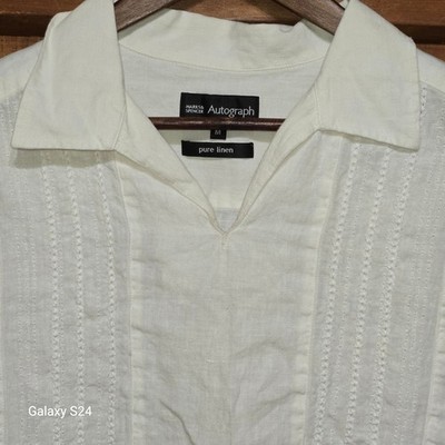 Marks and Spencer Autograph White Pure Linen Pintuck Short Sleeve Shirt Mens M