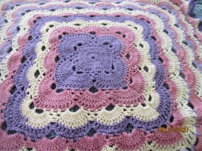 Hand Crocheted  Lap Blanket CREAM, MAUVE & LAVENDER 32''x 32'' Scalloped Pattern