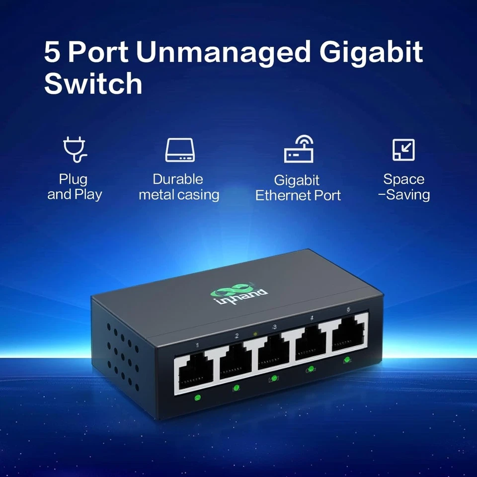 InHand Networks 5 Ports Gigabit Network switch metal case with US Power Plug - Image 2 of 4