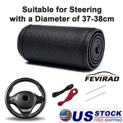 DIY Leather Car Steering Wheel Cover With Needle Thread Anti-slip Black 15''US