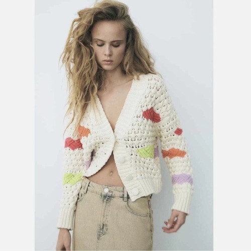 NEW ZARA COLORBLOCK CHUNKY KNIT CARDIGAN MULTICOLOR ECRU LILAC Small