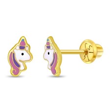 14k Yellow Gold Pastel Enamel Unicorn Screw Back Earrings for Little Girls