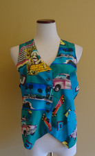 Vintage Silk Club Turquoise Multicolor Front Black Back Beach Motif Vest size M