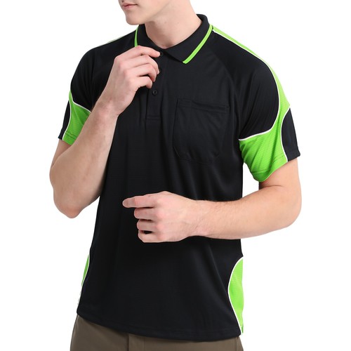 Mens Panel Polo Shirt with chest pocket, Shor Sleeve Black Blue Green Grey - Picture 14 of 111