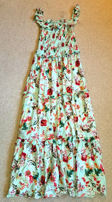Womens Dress-ABEL THE LABEL-ANTHROPOLOGIE-floral smocked tiered ruffle BOHO-M