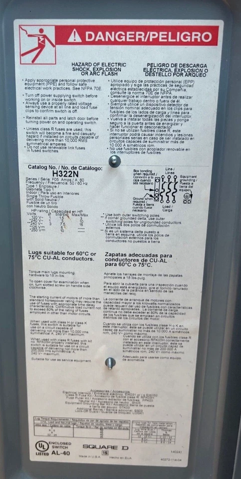 Square D H322N 60 Amp 240 Vac Heavy Duty Safety Switch 60A 3P 240V Used - Image 3 of 4
