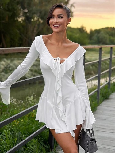 Minikleid Rüschen Schnürung weiß V-Ausschnitt Patchwork Langarm sexy schmal Kleid - Bild 5 von 27