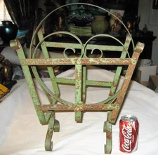 ANTIQUE ART DECO USA WROUGHT IRON PATIO GARDEN PAPER RACK FLOWER PLANT HOLDER 