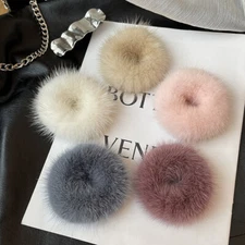 Real Mink Fur Hair Ring Women's Ladies Hair Rope Hair Band Hair Hoop Pompom Ball