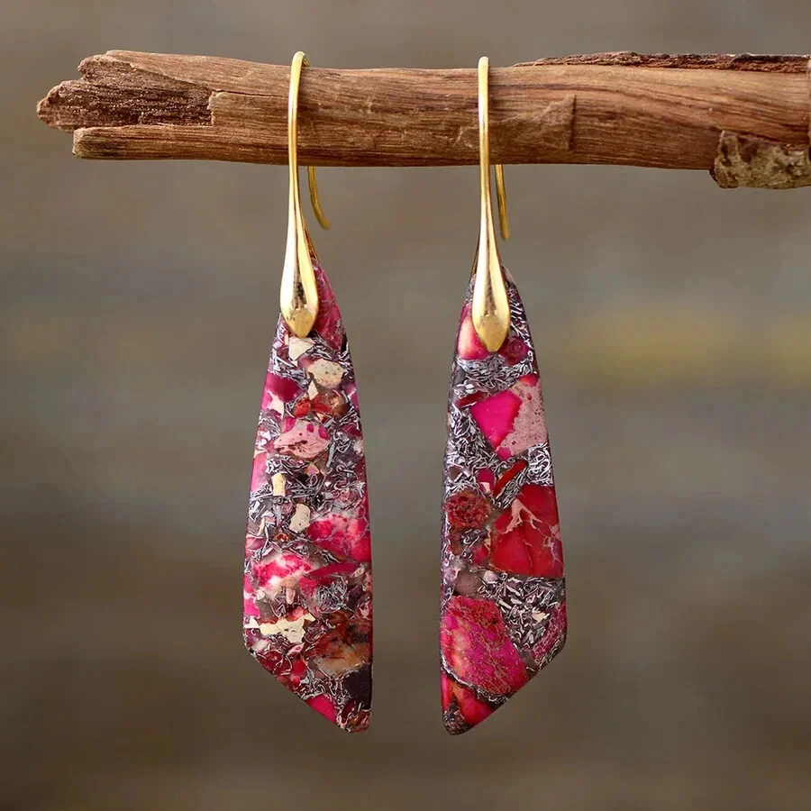 Pink Sea Sediment Jasper Women Healing Stone Dangle Drop Earrings Gift for her - Image 2 of 4