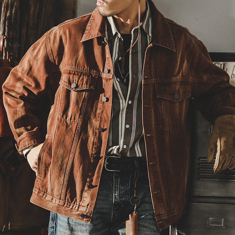 Vintage Denim Jacket Men Fall Baggy Cargo Button-Up Brown Fashion Coat-image