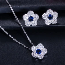 Silver Plated Flower Jewelry Set for Women Cubic Zirconia Earrings Necklace Gift