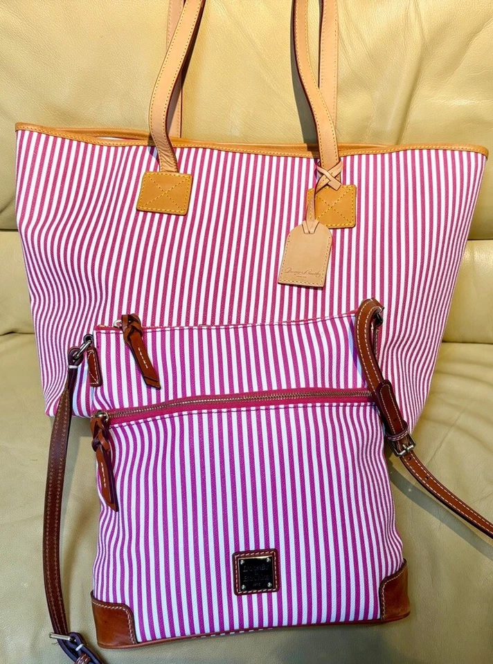 Dooney Bourke Bundle Set Fuchsia Pink Seaview Stripes Large Tote Crossbody Bag - Image 4 of 4