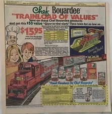 1984 newspaper ad for Chef Boyardee Pasta - Glow in the Dark Tyco Train set