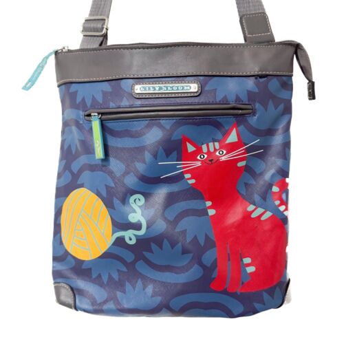 LILY BLOOM seltene Katze bunt lustig rot blau große Umhängetasche Reißverschluss Beuteltasche Tasche