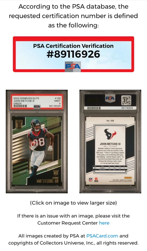 2022 DONRUSS ELITE JOHN METCHIE III ROOKIE GREEN SP TEXANS #126 RC - PSA 9 POP 1 - Image 4 of 4