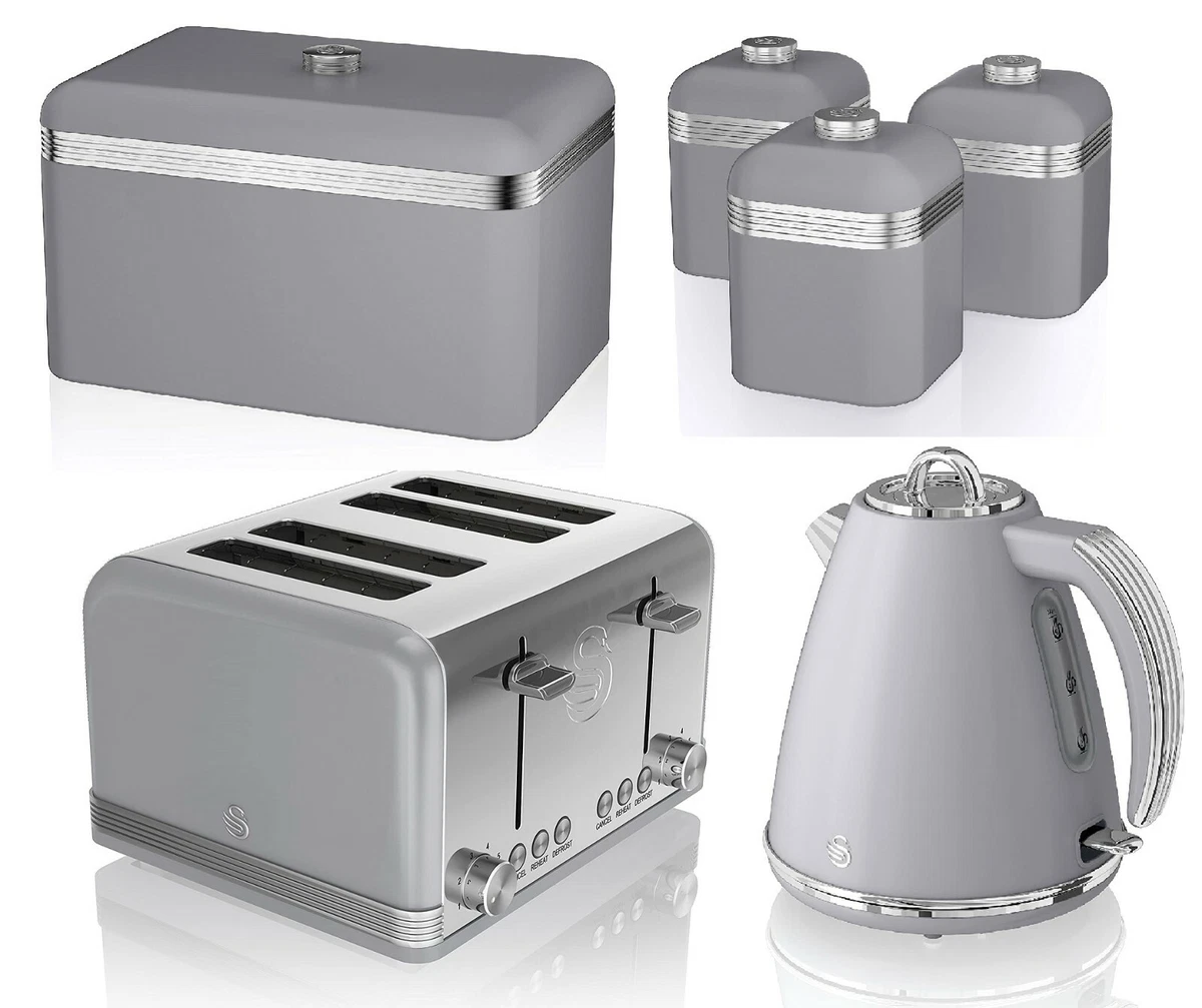 Swan Grey Four Slice Retro Toaster Kettle Storage Set Canisters Bread Bin Set