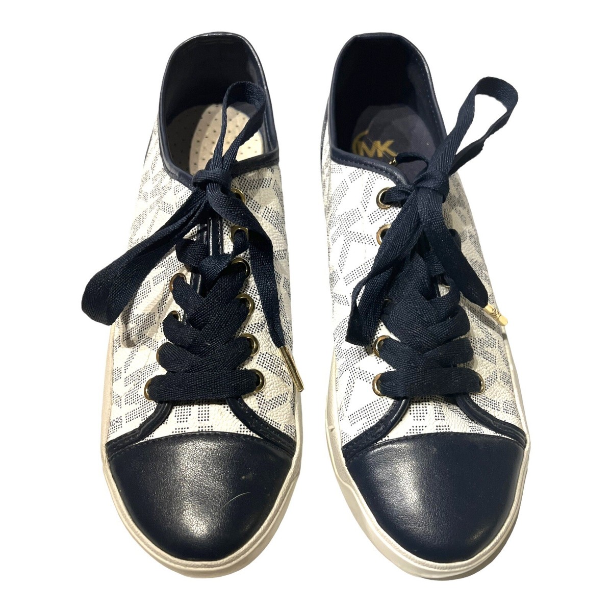 MICHAEL KORS Women's White Navy Blue MK Signature Flat City Sneakers Size 