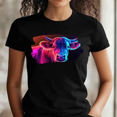 Women's Neon Cow Motif Cotton T-Shirt Size S to 3XL