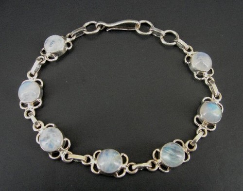 Bracelet Sterling Rainbow Moonstone Round Stones Link Style Sterling Silver 925