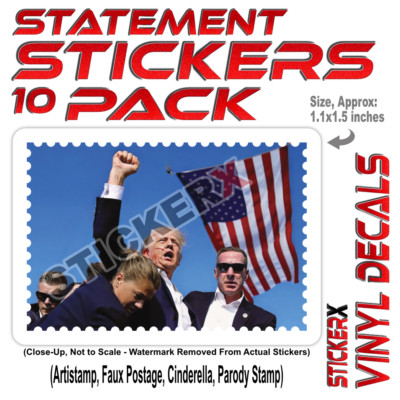 Donald Trump Shot, Fight Never Surrender!, Vinyl Sticker Faux Stamps 10 Pack
