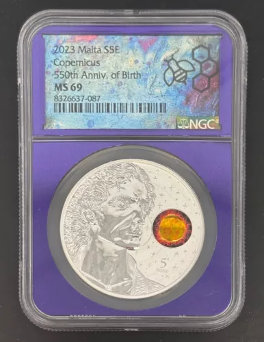 2023 Malta MS 69 SILVER Copernicus 550th Anni. of Birth 5 Euro NGC Colorized Sun