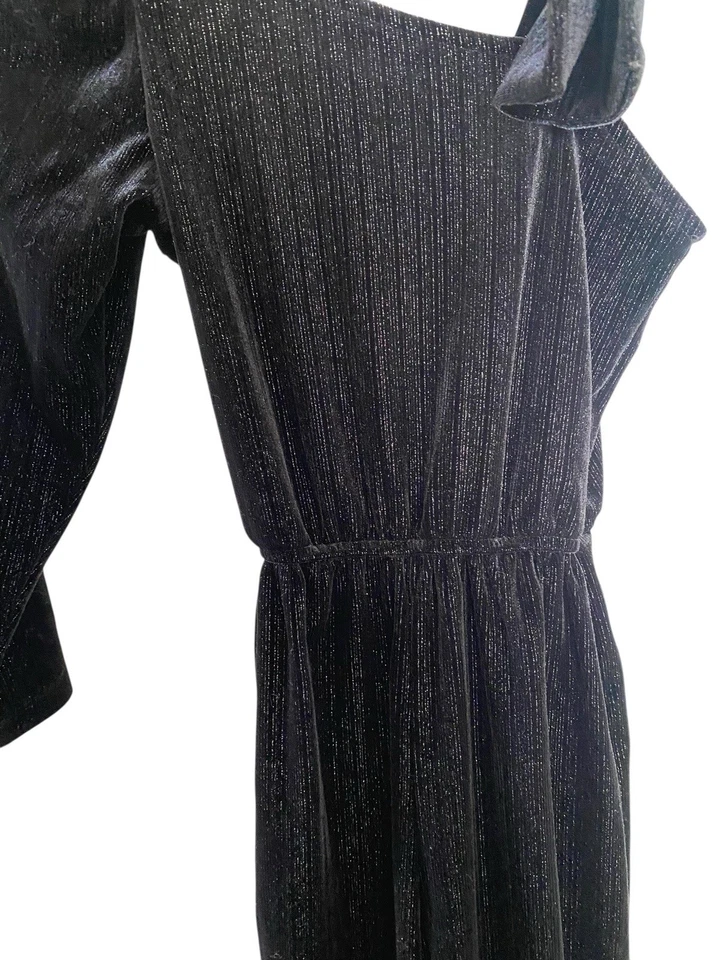 Zara Girls Black Velvet Jumpsuit Size 7 Metallic Sparkle - Bow Accent- Holiday - Image 2 of 4