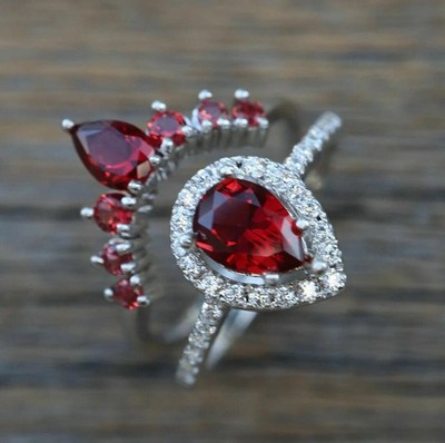 3 Ct Pear Lab Created Garnet Bridal Halo Engagement Ring 14K White Gold Plated