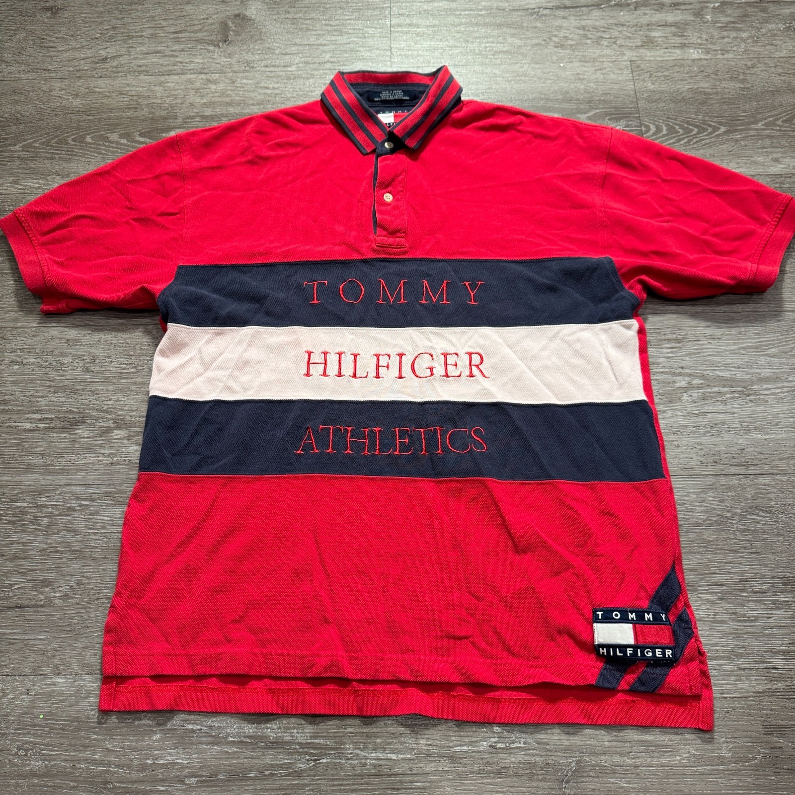 Vintage Tommy Hilfiger Polo Shirt Mens Large Red Athletics Spell Out Color Block