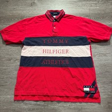 Vintage Tommy Hilfiger Polo Shirt Mens Large Red Athletics Spell Out Color Block