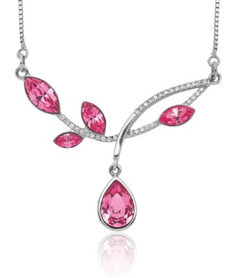925 Sterling Silver Pink Crystals Branch Chain Bar Necklace