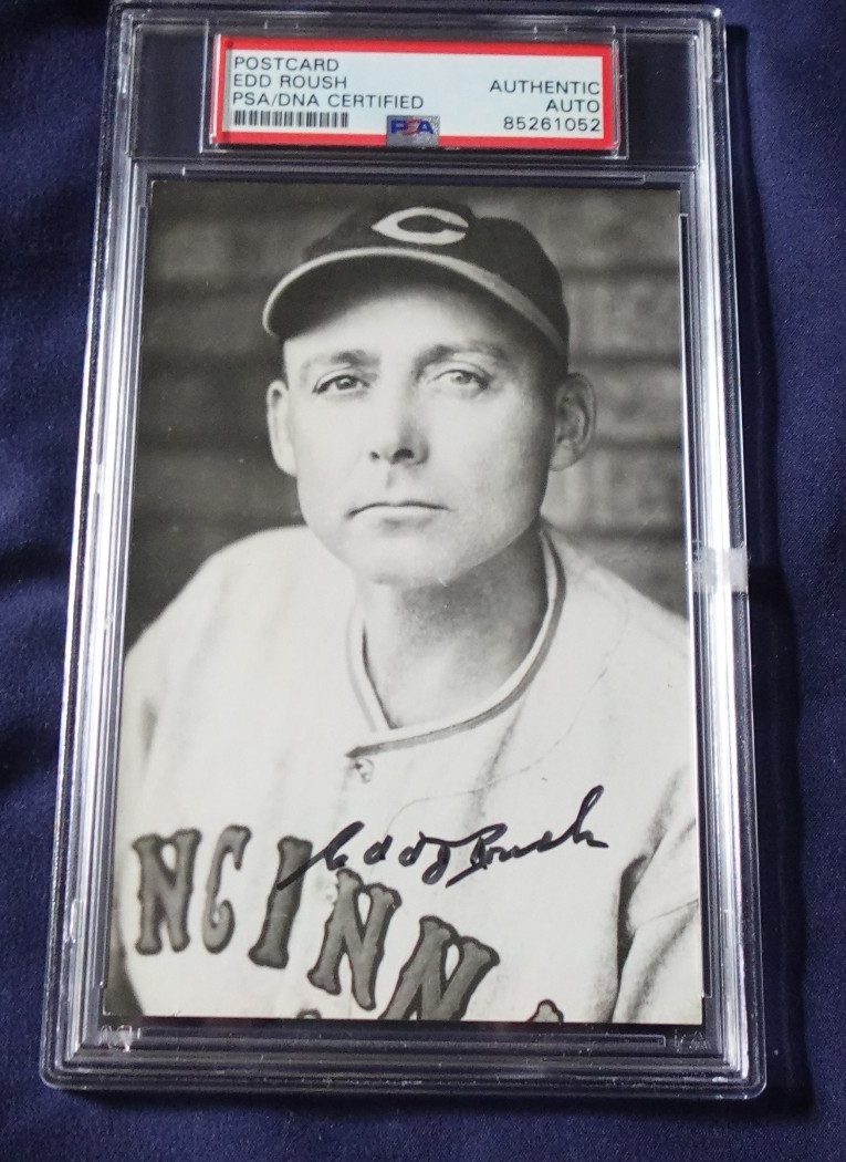 Edd Roush Cincinnati Reds Baseball HOFer Autographed B&W Postcard Photo PSA #2