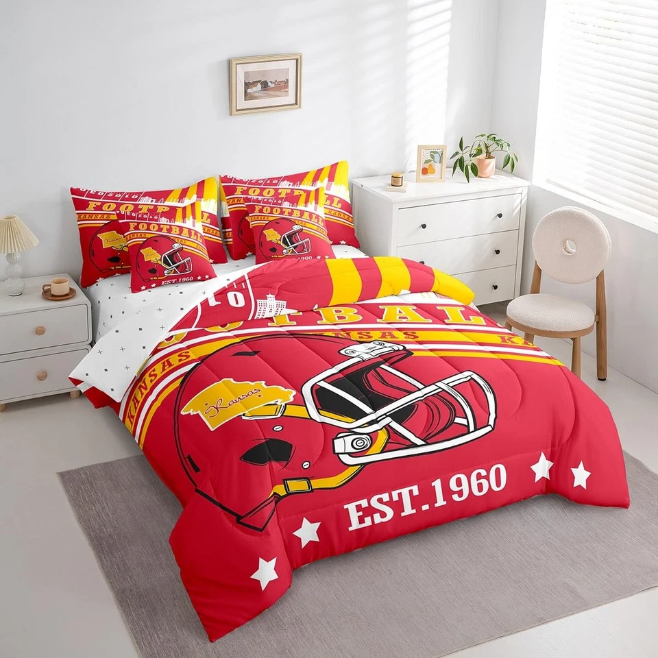 Juegos de cama dobles Football Lovers, juego de edredón decoración deportiva de fútbol rojo y... Foto 3 de 4