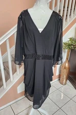 CITY CHIC Black Sequin Trim V-Neck Short Sleeve Draped Chiffon Dress Sz XXL 24