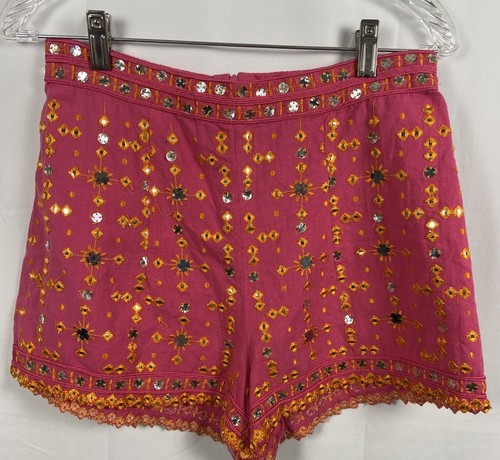Zara Shorts rosa orange verziert Gr. M versteckter Reißverschluss hinten Leinen Baumwolle High Waist