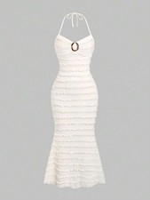 Women’s Halter Neck Summer Dress Ring Detail Ruffle Hem Beach Mini Dress
