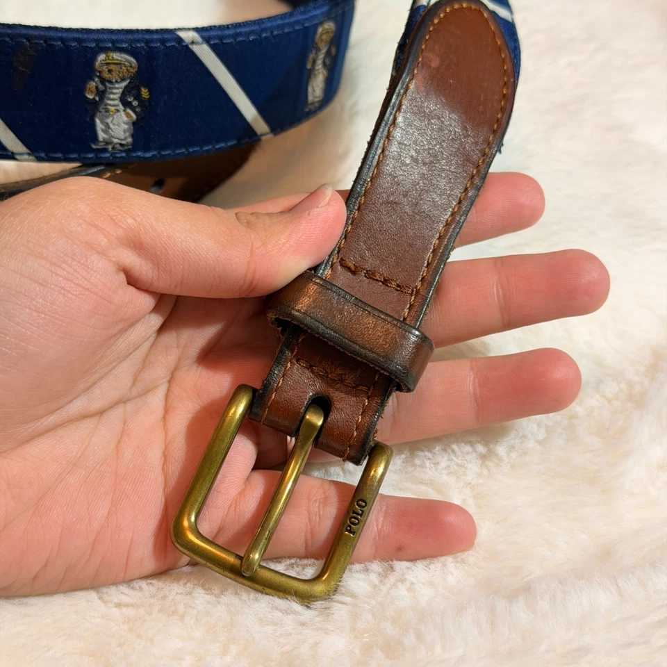 Polo Ralph Lauren Men's Navy Blue Bear Print Striped Leather Trim Belt - Image 3 of 4