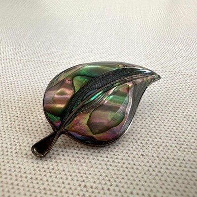 Mexico Sterling Silver Abalone Leaf Brooch Pin Eagle Mark 925 Vintage