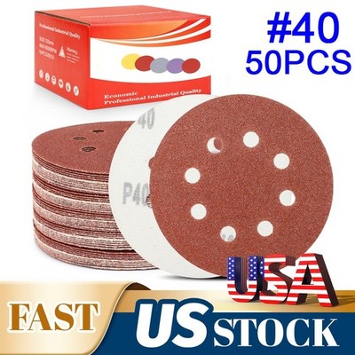 Universal 5'' 8 Hole 40 Grit Sanding Discs 50Pc Hook Loop 4 Random Orbital Sander