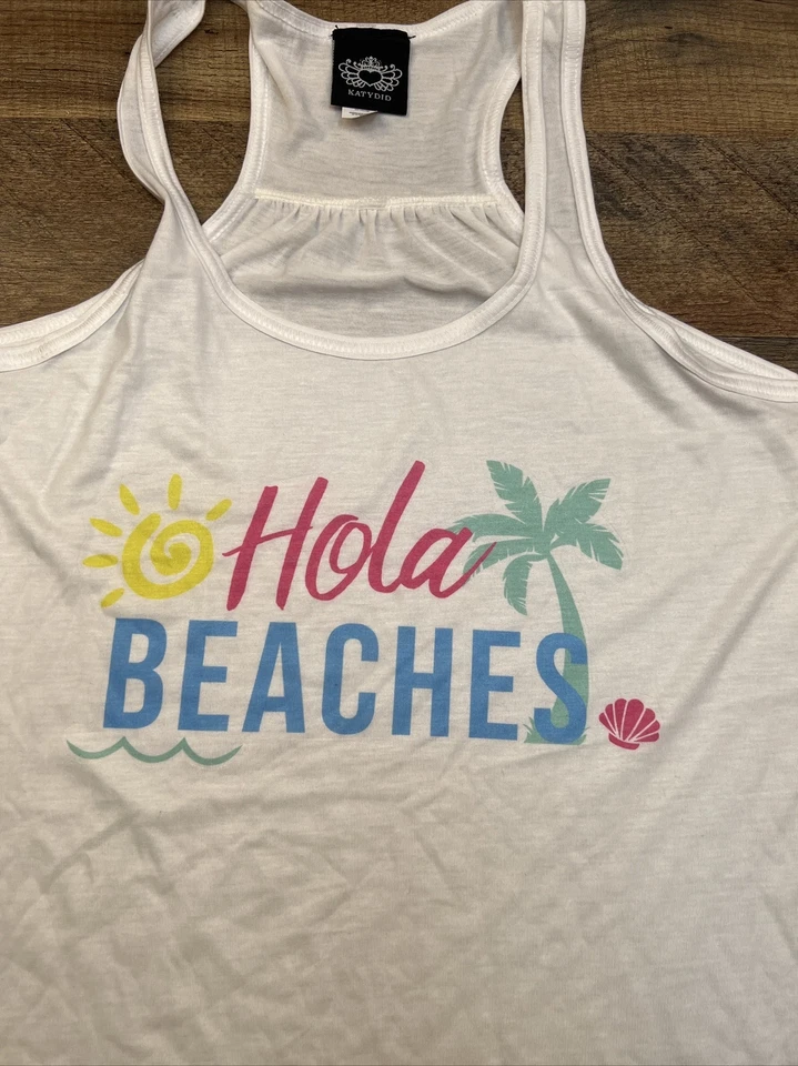 Camiseta KATYDID Tanque Sin Mangas Blanca "Hola Beaches" Sol Palmera Nuevas Etiquetas Nueva Con Etiquetas Foto 2 de 4