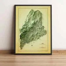 Maine Map, Maine 2D Relief Map, Maine Vintage Map - 2D Flat Print
