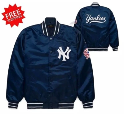 NY Yankees 90s Vintage Blue Satin MLB Bomber Jacket - Athletic Baseball Varsity