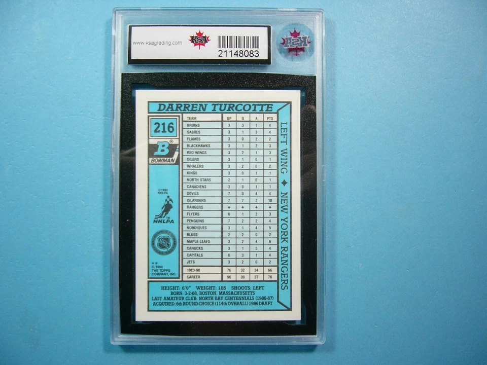 1990/91 BOWMAN TIFFANY NHL HOCKEY CARD #216 DARREN TURCOTTE ROOKIE KSA 8.5 NMMT+ - Image 2 of 2