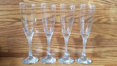 PASABAHCE, TURKEY 4 Crystal Champagne Flutes Stem 8 1/4  EUC (Tear Drops Logo)