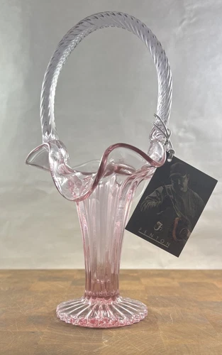 Fenton Dusty Rose 9” Glass Basket with Twisted Handle Pink Floral Wavy Vase