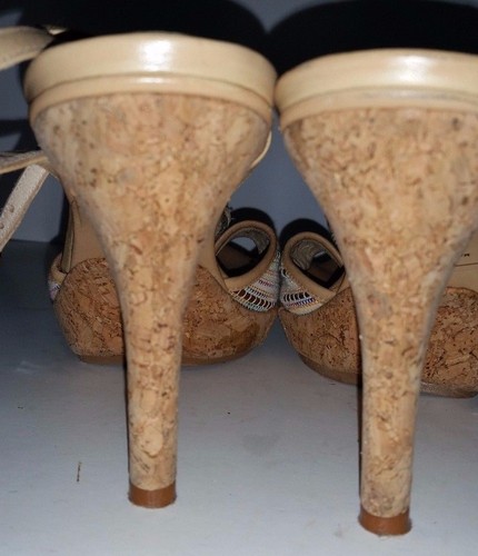 Kenneth Cole camel tan leather striped woven floral cork platform heels. 7.5 - Picture 4 of 5