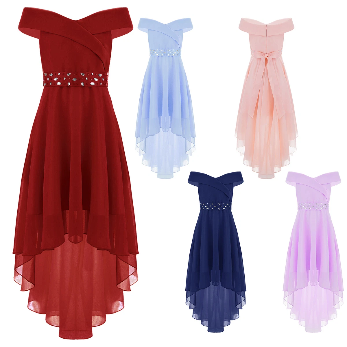 Girls Off Shoulder Hi-Low Rhinestone Dress Chiffon Bridesmaid Wedding Prom  Gown | eBay