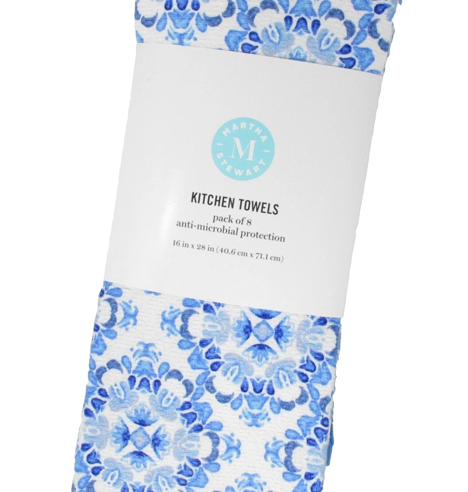 Juego de toallas de cocina Martha Stewart de 8 platos a mano 4 azules florales y 4 lisas Foto 2 de 4